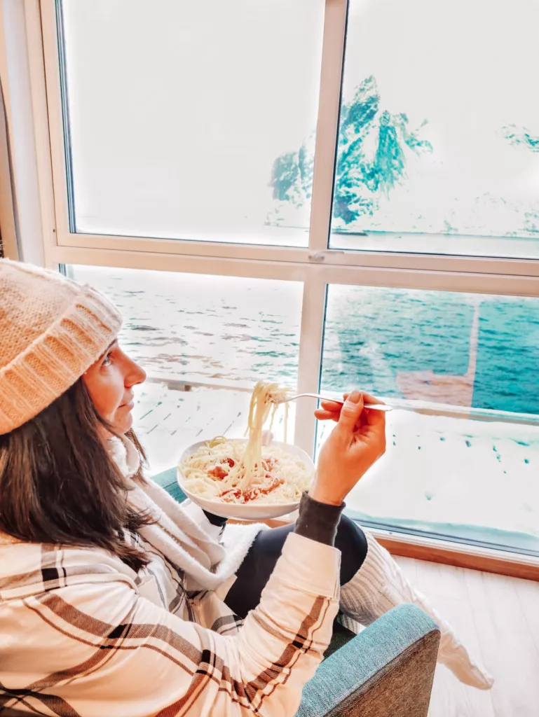  We cooked up some pasta and sat in front of the windows to watch the intermittent snow storms. The sight was magical! The mountains and vast expanse of water with snow blowing across it was enchanting.