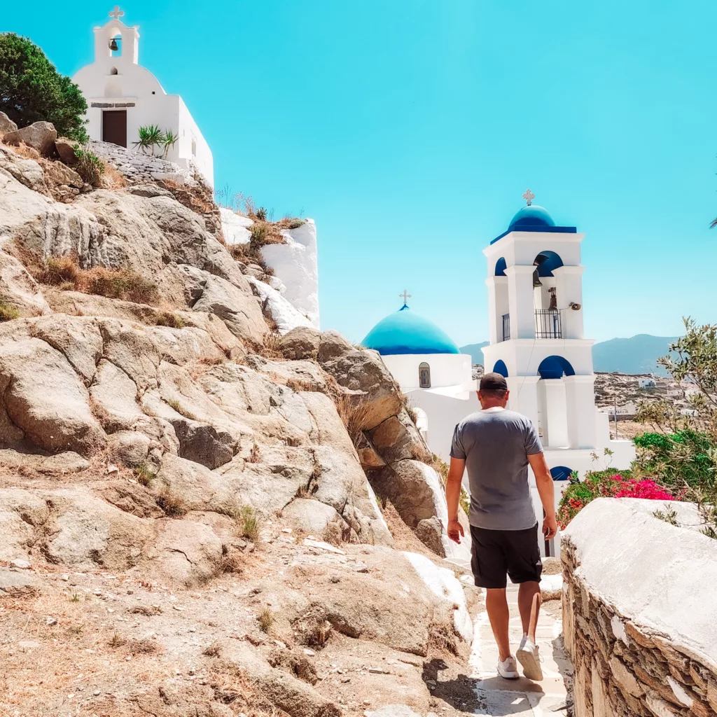 hiking up to the 3 churches in Ios 
Church of Panagia Gremniotissa