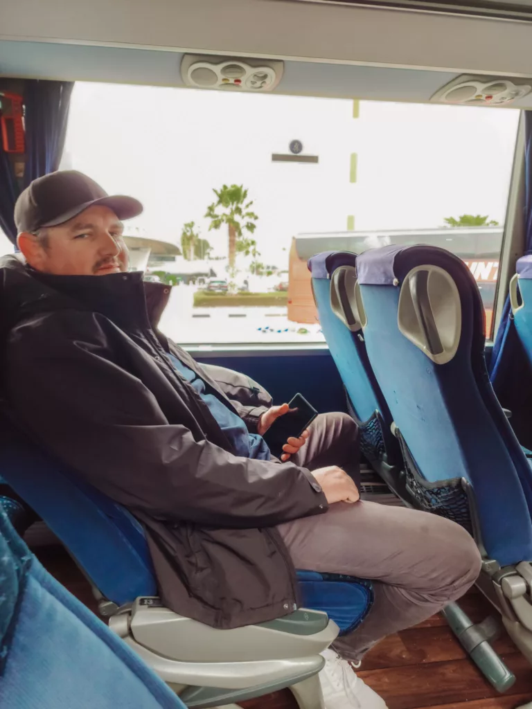 Mike on the bus from Catania Airport to Ragusa, Sicily