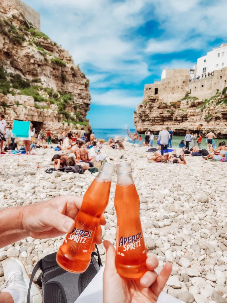 aperol spritz on the beach at Polignano a Mare 