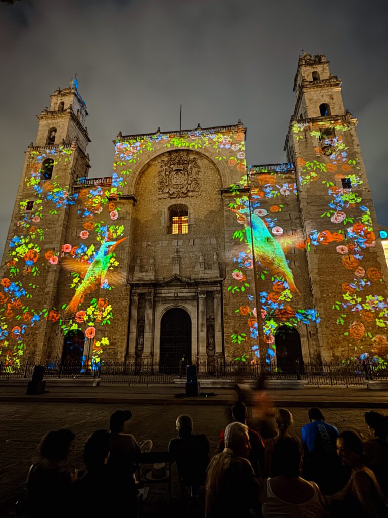 Free cathedral light show in Merida Yucatan Mexico