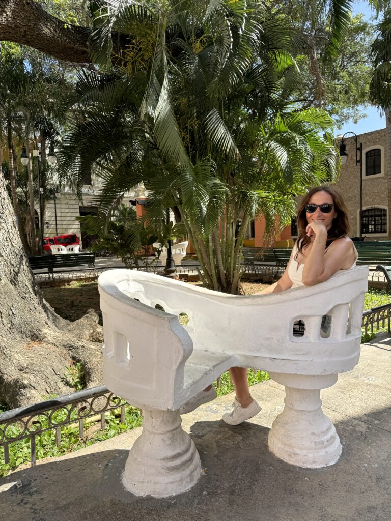 Beautiful Merida Yucatan Mexico , kissing chairs in Parque Hidalgo, Rectoría El Jesús Tercera Orden and Parque de La Madre 