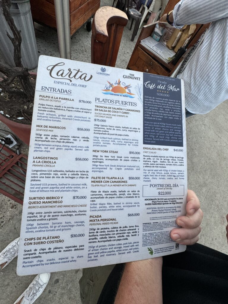 Cafe Del Mar menu sunset on the city walls at Cartagena Colombia