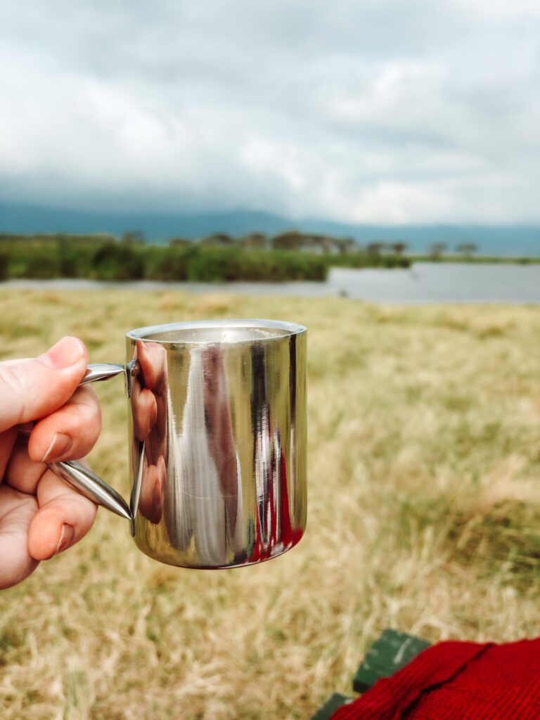 Morning coffee at the hippo pool in Ngorongoro Crater