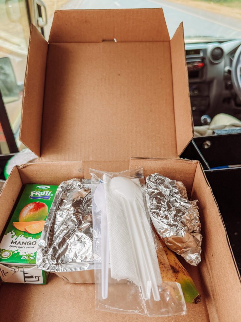 lunch box on the go, eating in the safari jeep