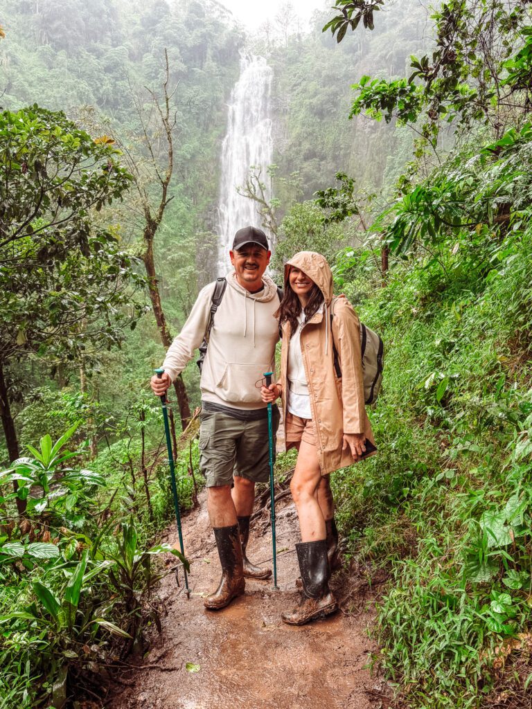 Hiking to the waterfall on the foothills of Mt Kilimanjaro