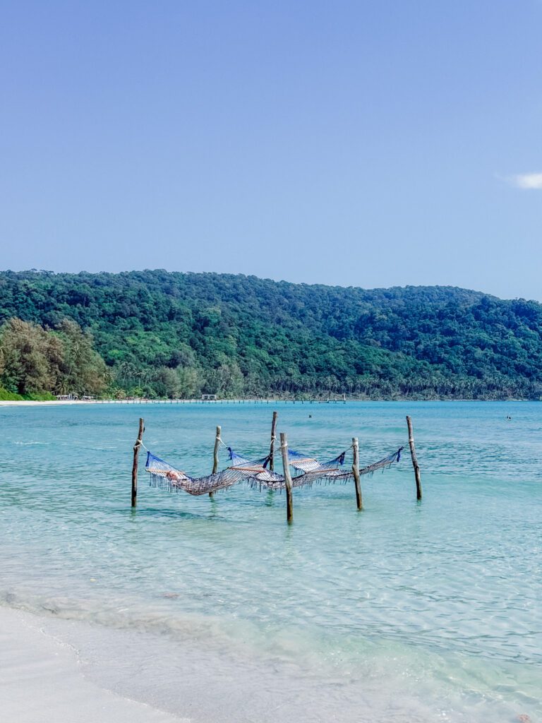 hammocks in the water at Ao Phrao beach on Ko Kood