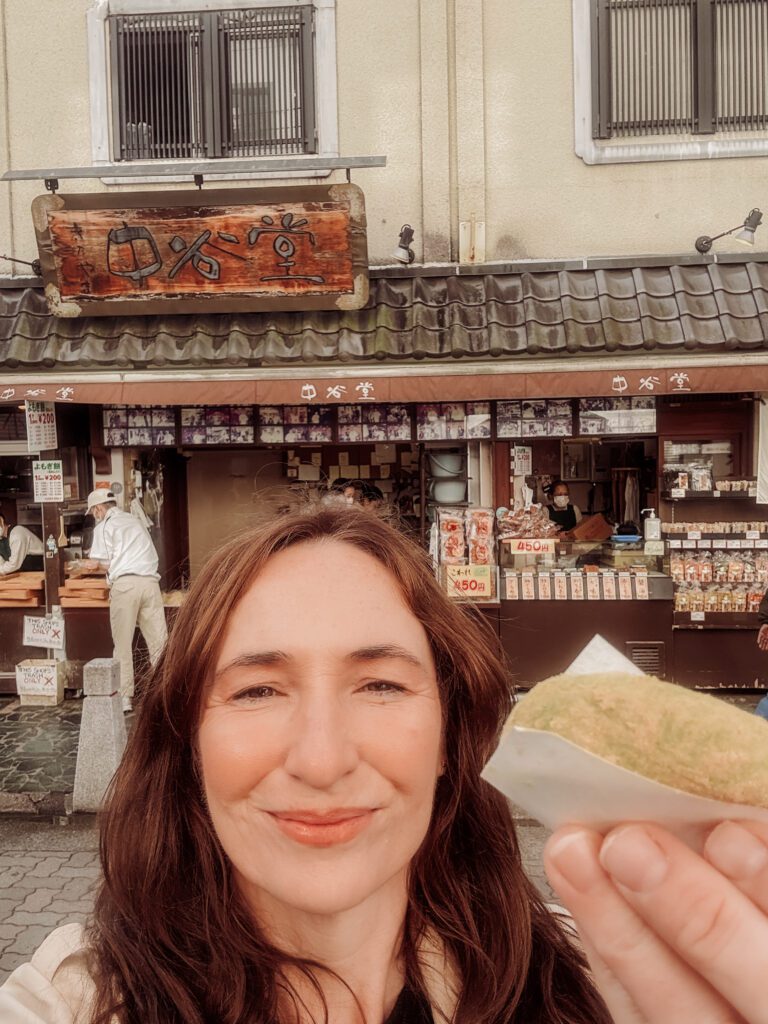 eating fresh mochi at the Nakatanidou Mochi Store, Nara