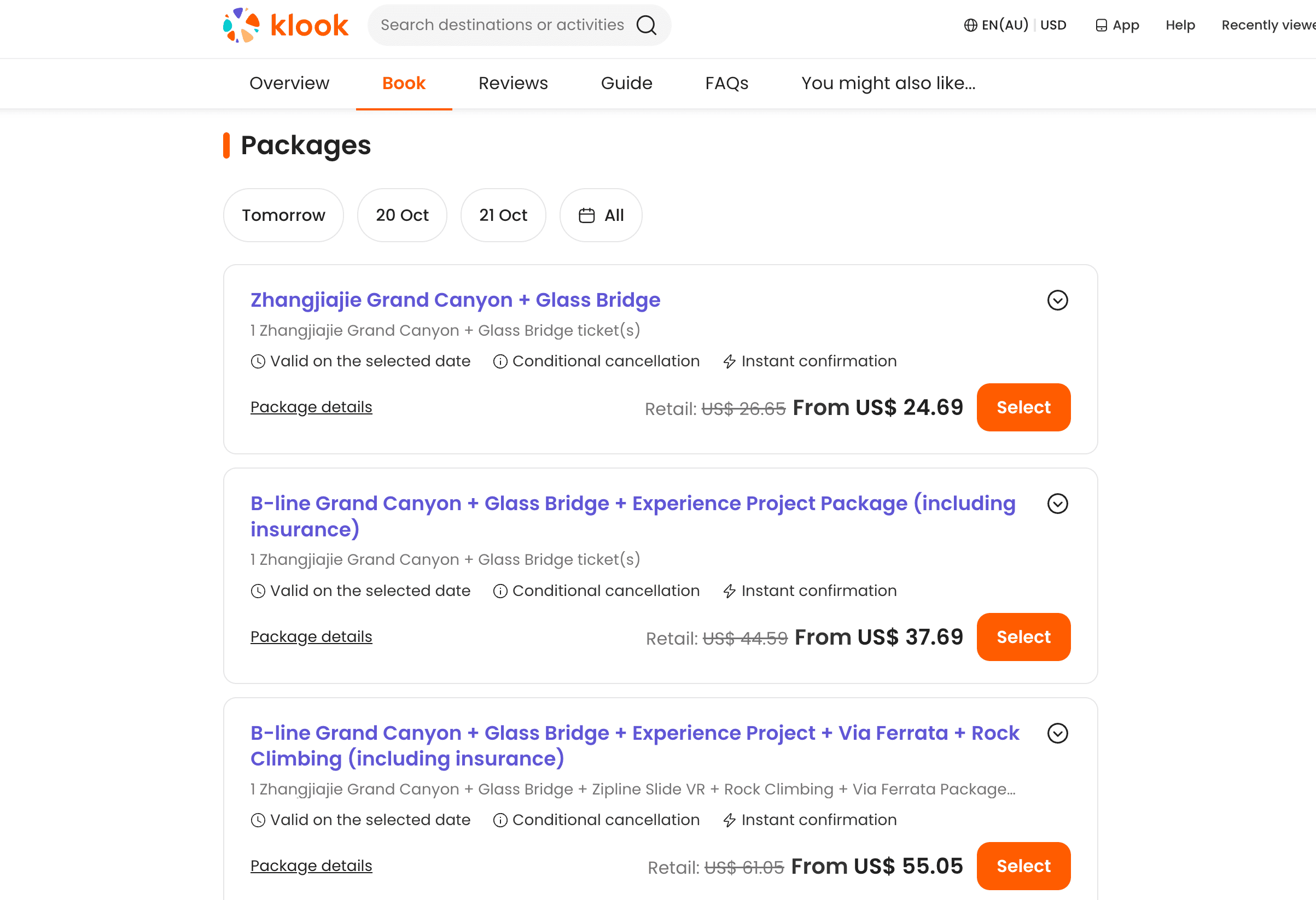 the ticket options to book on klook for the glass bridge experience