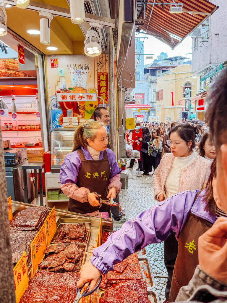 all the shopping streets have samples of jerky in macau