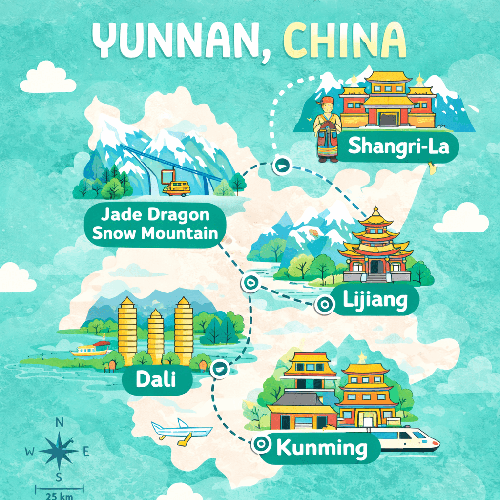 map of yunnan itinerary and yunnan route