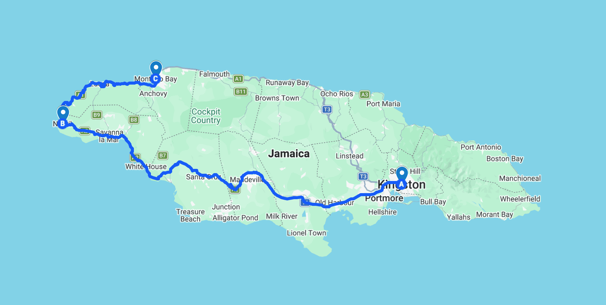 map of our jamaica itinerary