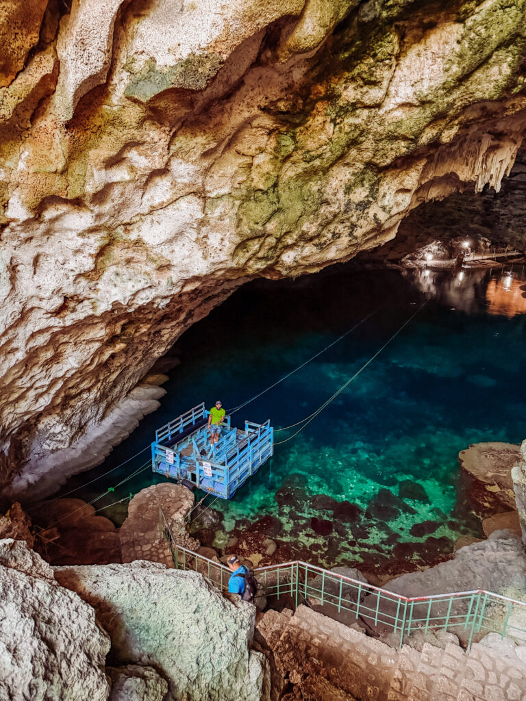 the boat that you cross the water in the cave in three eyes national park