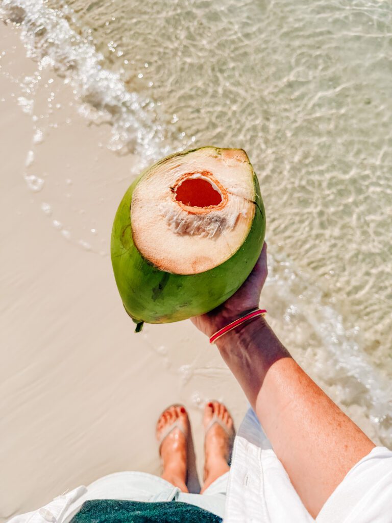 fresh coconut on the sand ocean cay bahamas