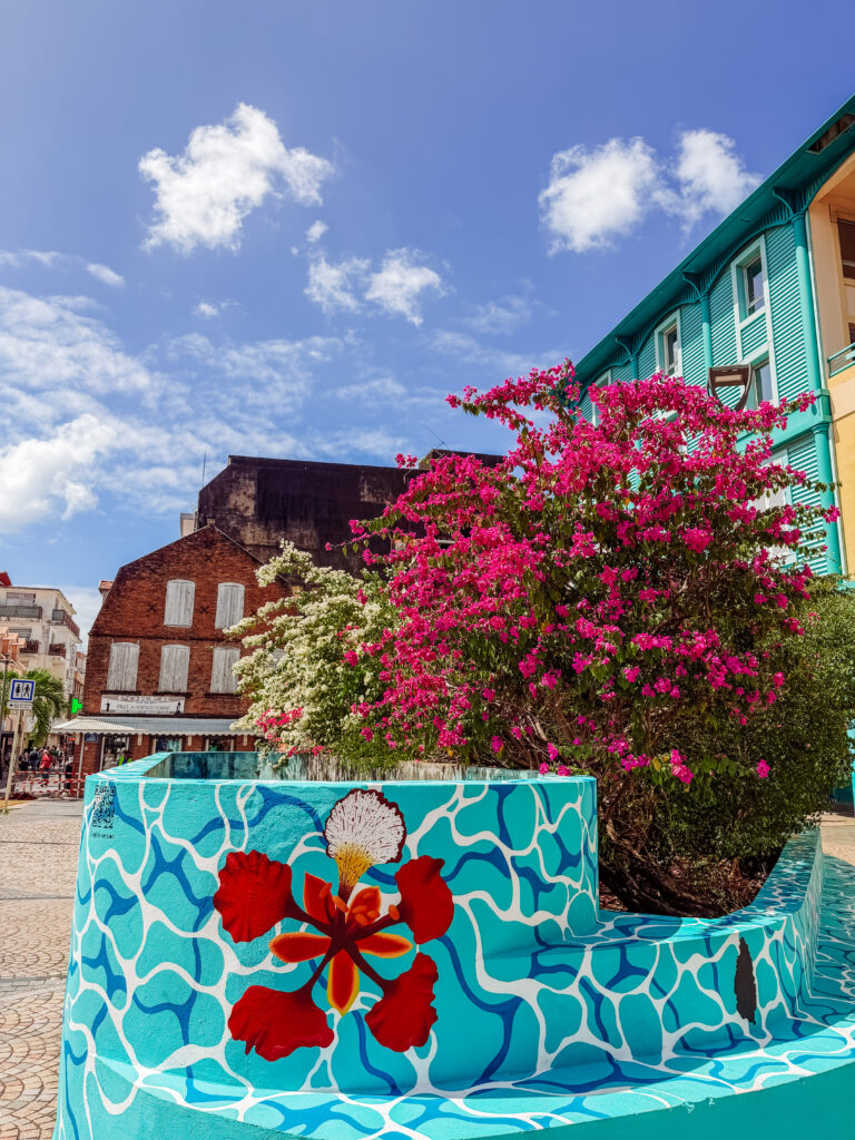 colourful, tropical buildings, street art and flowers in martinique
