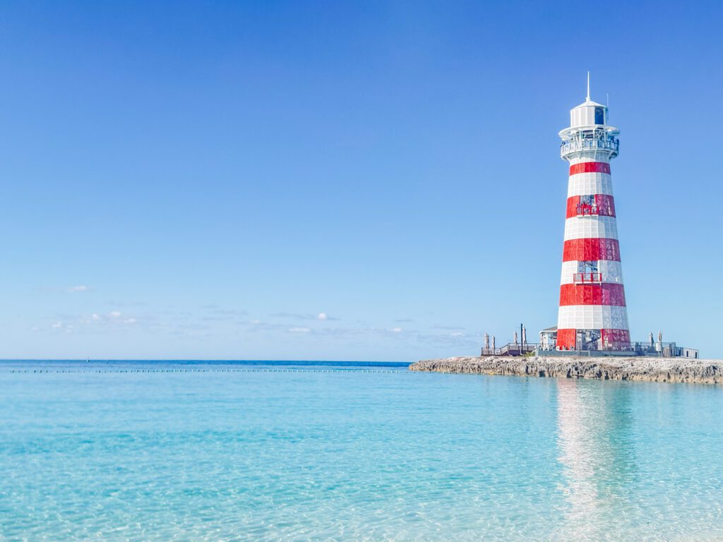 beautiful lighthouse beach on ocean cay bahamas, msc cruise