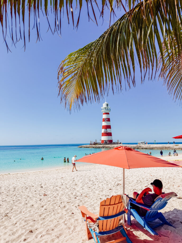 mike on lighthouse beach ocean cay bahamas, free chairs and umbrellas