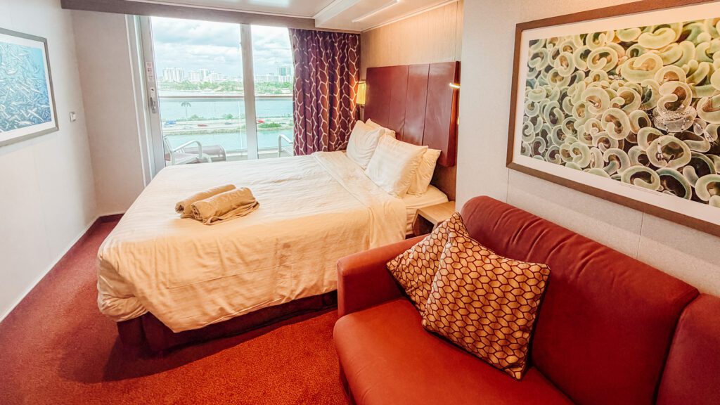 bedroom area of msc seaside cruise ship balcony room