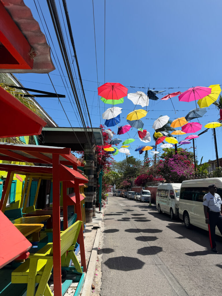 colourful umbrella street in Nassau bahamas