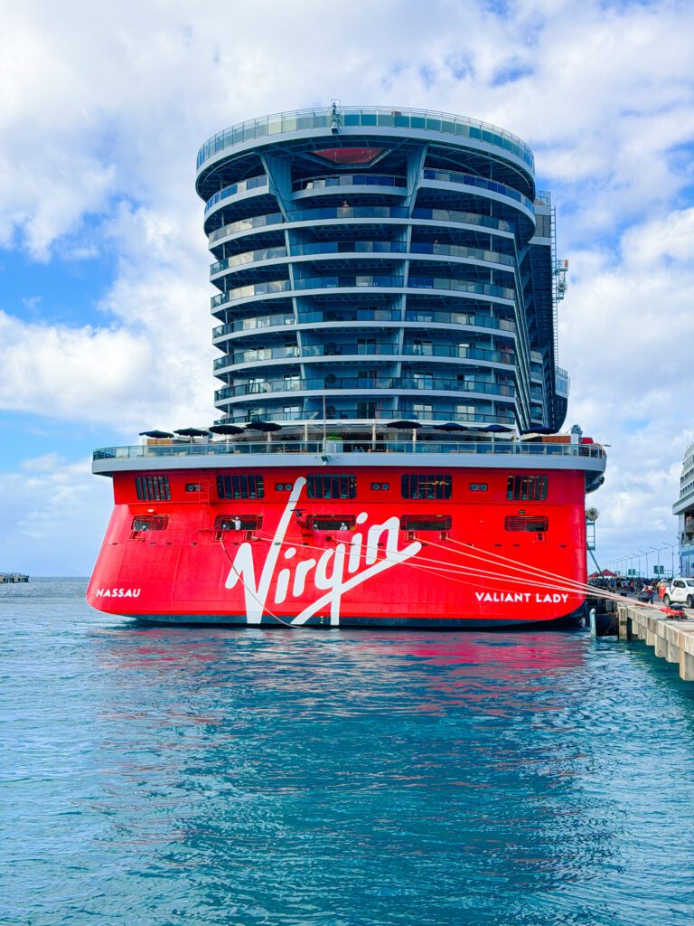 valiant lady virgin voyages cruise ship at port while on our caribbean cruise