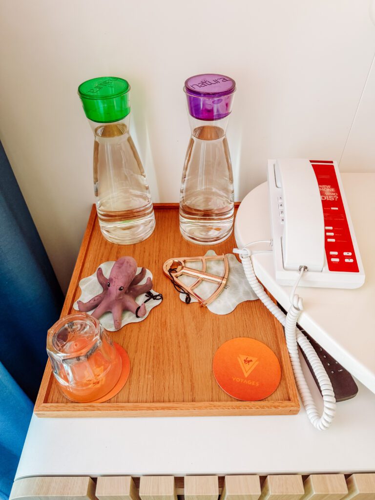 there are two carafes of water in each cabin and they are refreshed daily on virgin voyages cruise