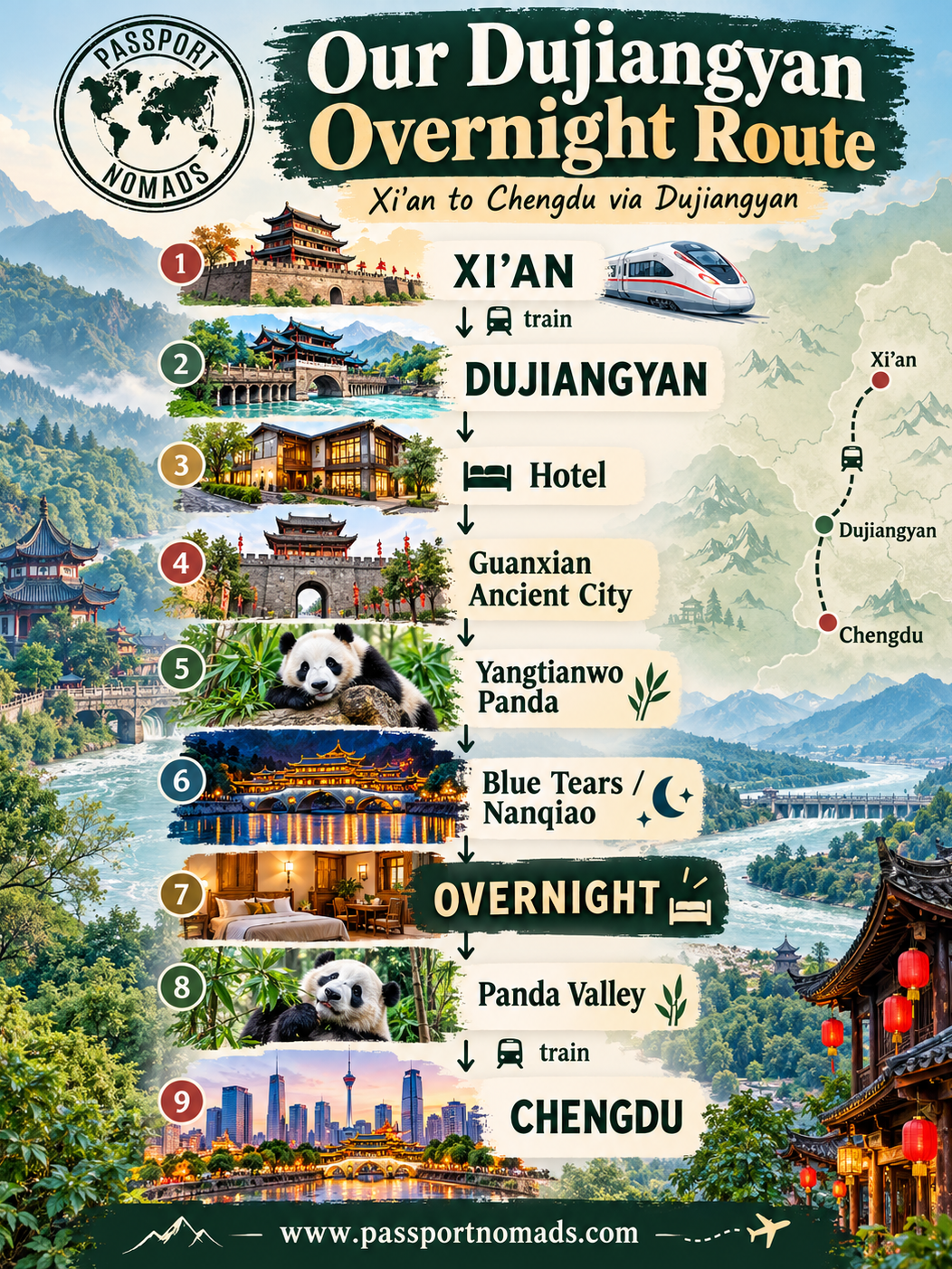 our overnight route for visiting Dujiangyan