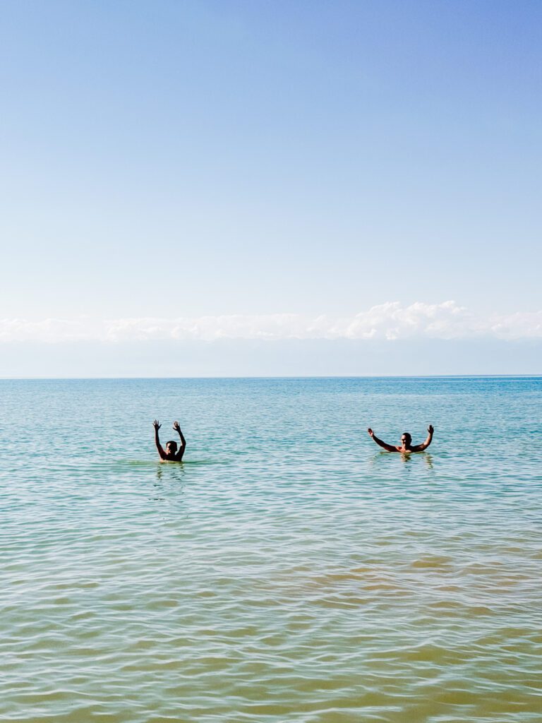 Mike swimming at Issyk-kul lake in Kyrgyzstan