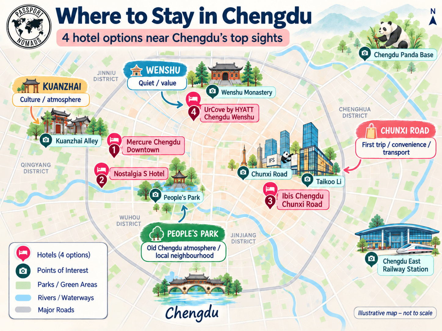 map of the four chengdu hotels we stayed in and their locations to some of the attractions in Chengdu