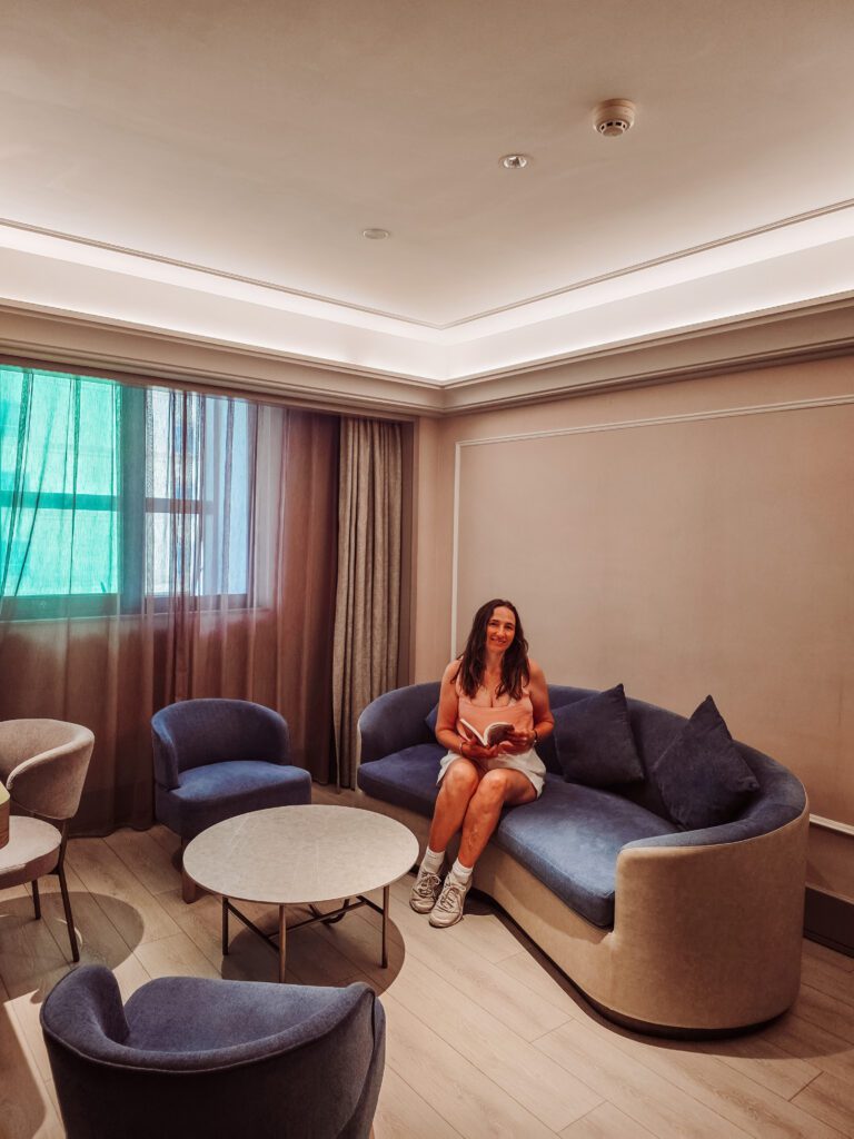 sitting area of our mercure hotel room in chengdu